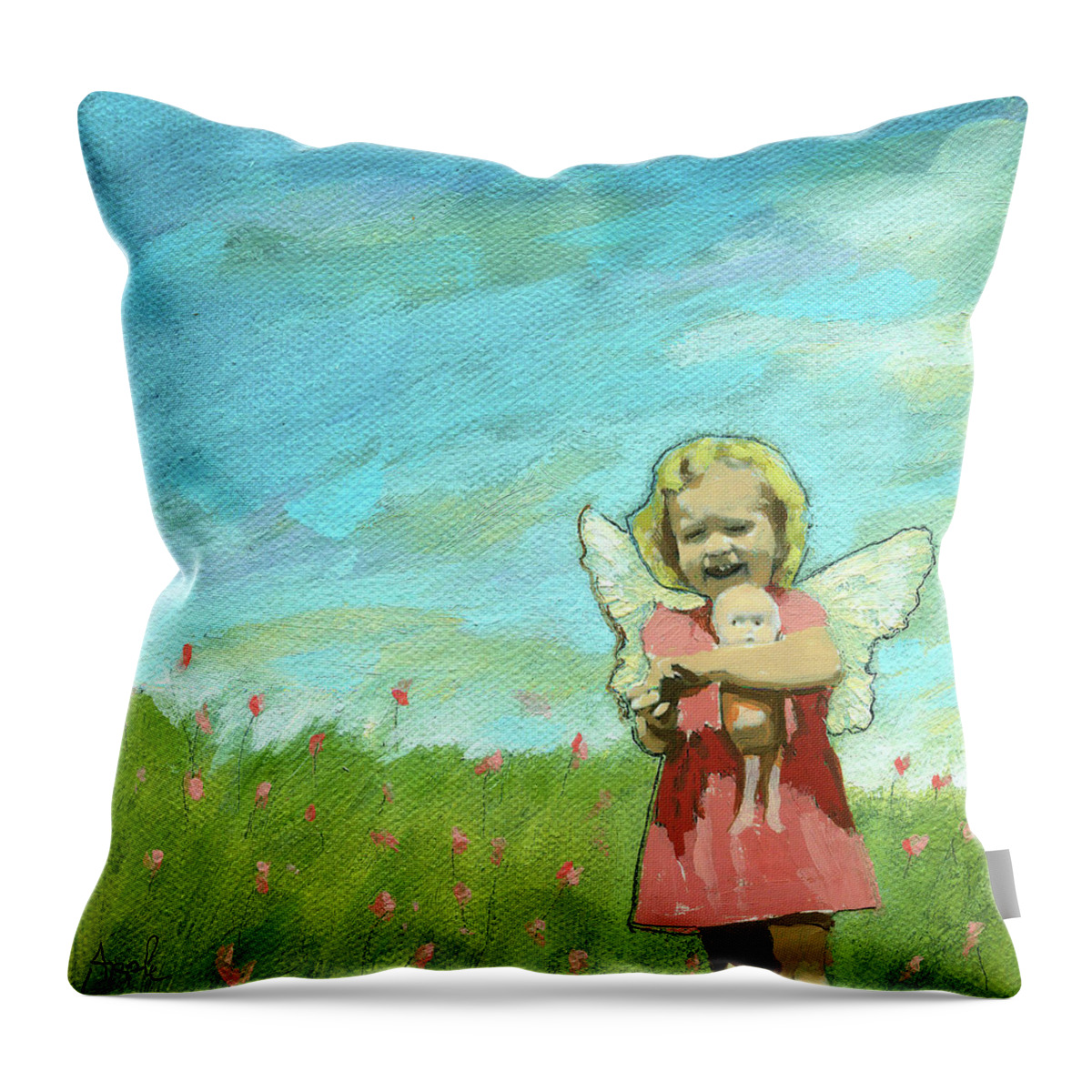 Angel Throw Pillow featuring the mixed media Little Angel by Linda Apple