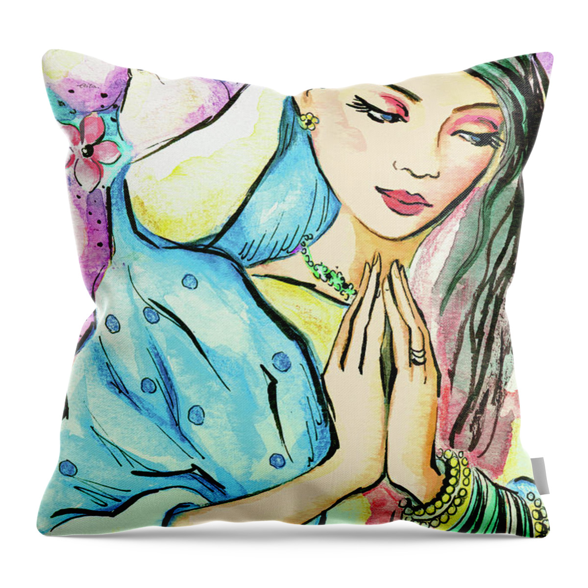 Praying Woman Throw Pillow featuring the painting Little Pray by Eva Campbell