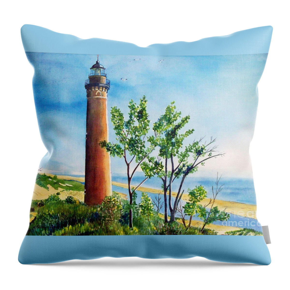 Lighthouses Throw Pillow featuring the painting Little Sable Point Lighthouse by LeAnne Sowa