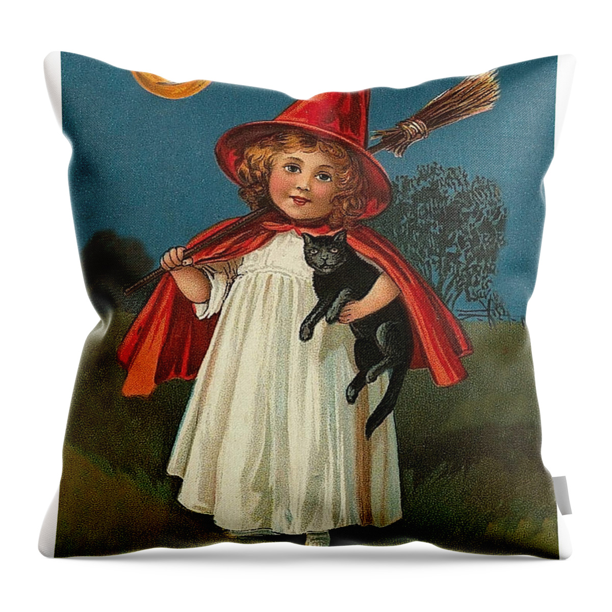 Little Witch Throw Pillow featuring the mixed media Little witch girl at Halloween night by Long Shot
