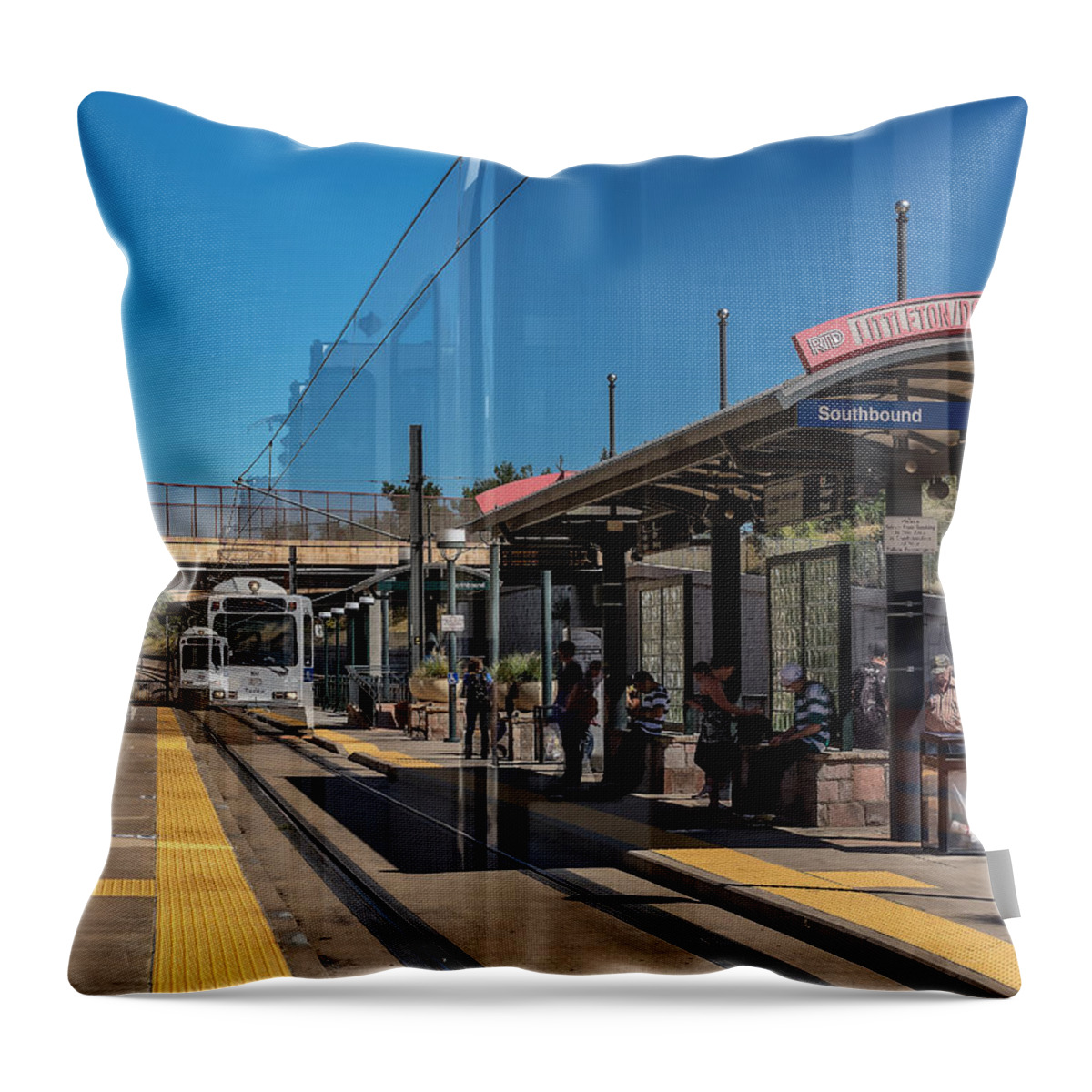 Rtd Light Rail Throw Pillow featuring the photograph Littleton RTD Light Rail Station by Stephen Johnson