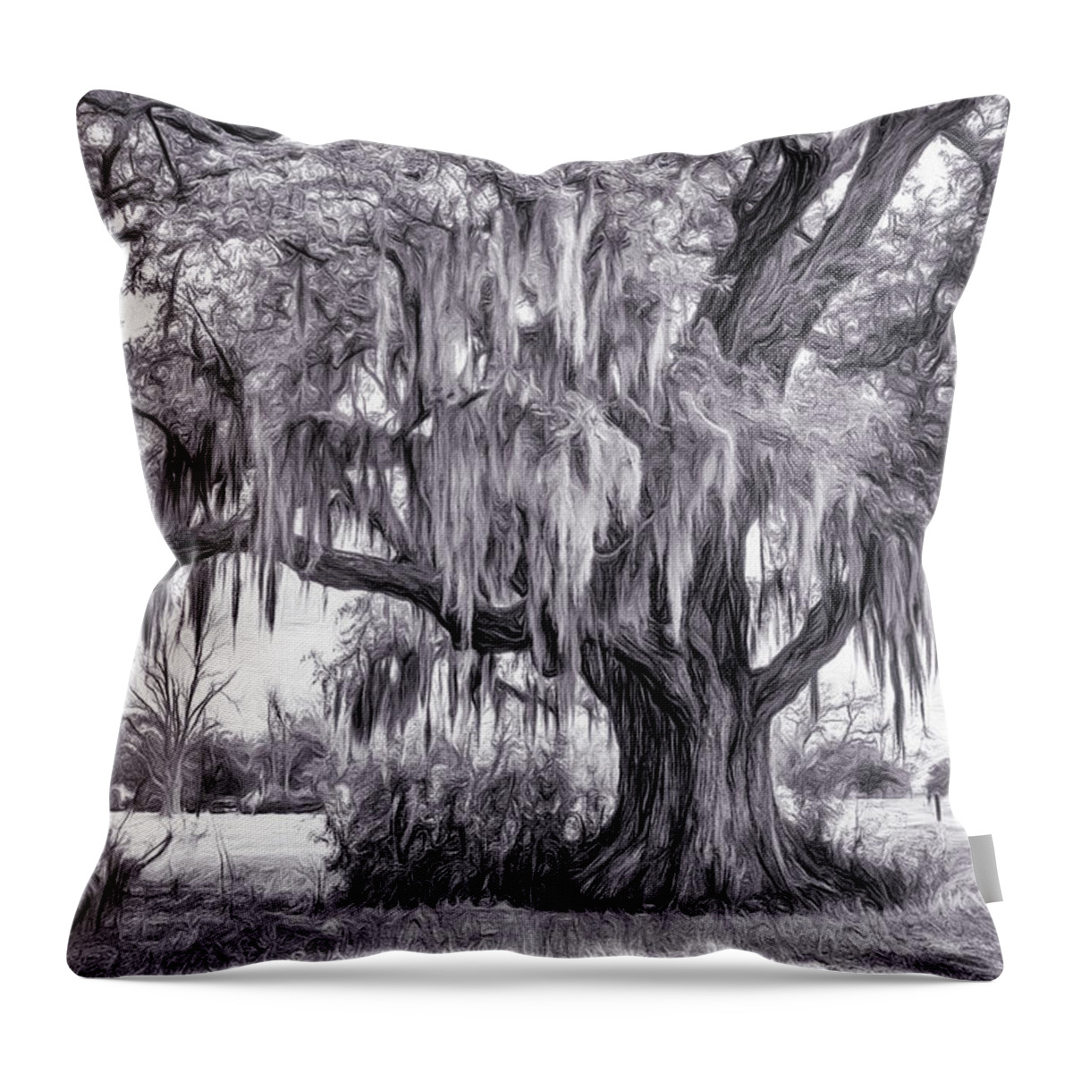 Evergreen Plantation Throw Pillow featuring the photograph Live Oak and Spanish Moss - Paint BW 2 by Steve Harrington