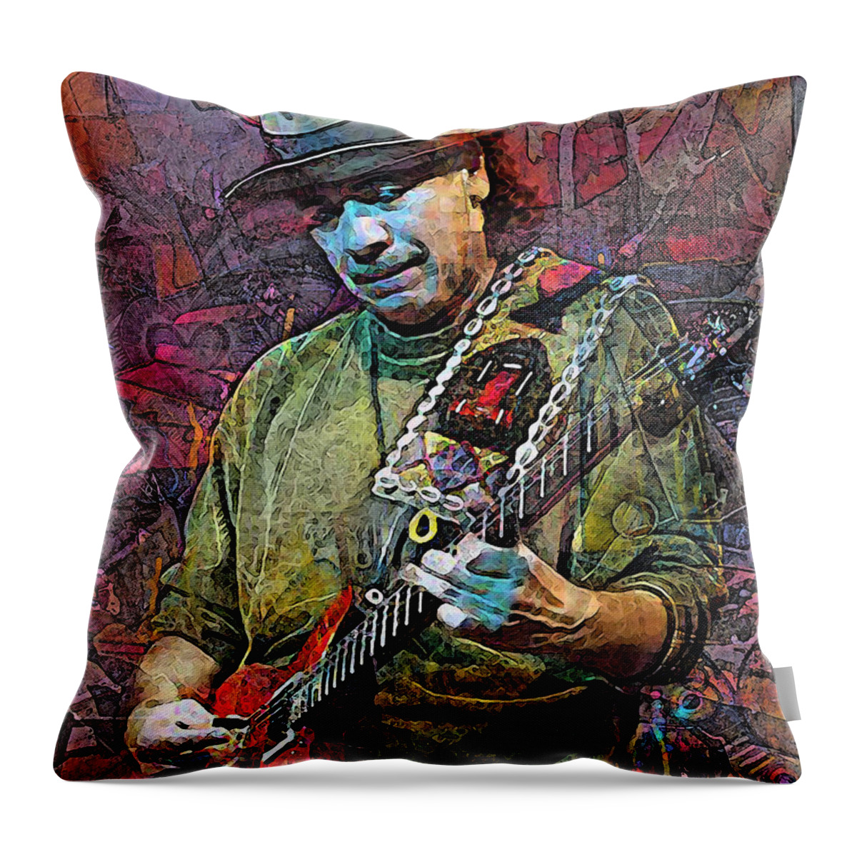 Carlos Santana Throw Pillow featuring the mixed media Live Your Light by Mal Bray