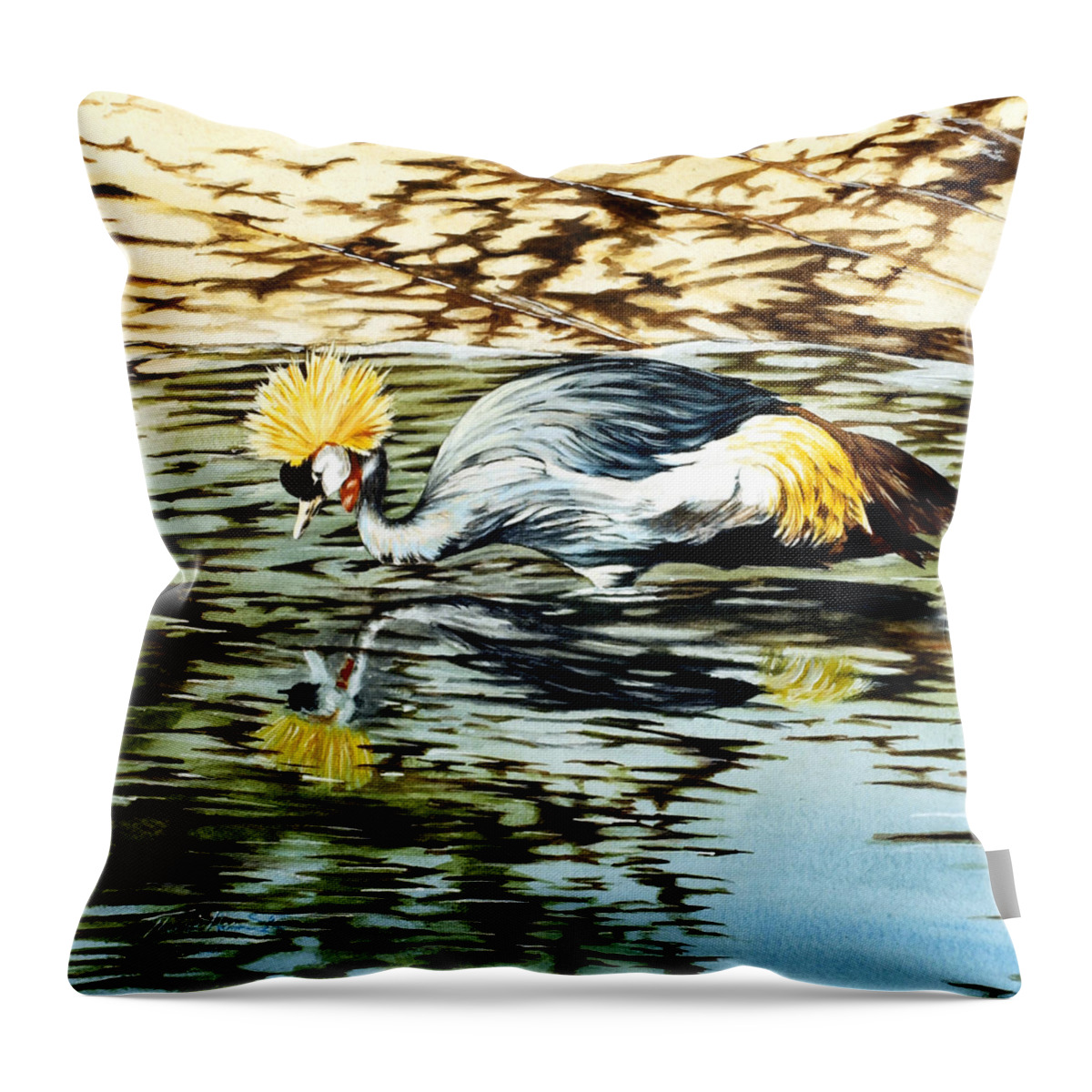 Crested African Crane Throw Pillow featuring the painting Living Fossil by Thomas Hamm