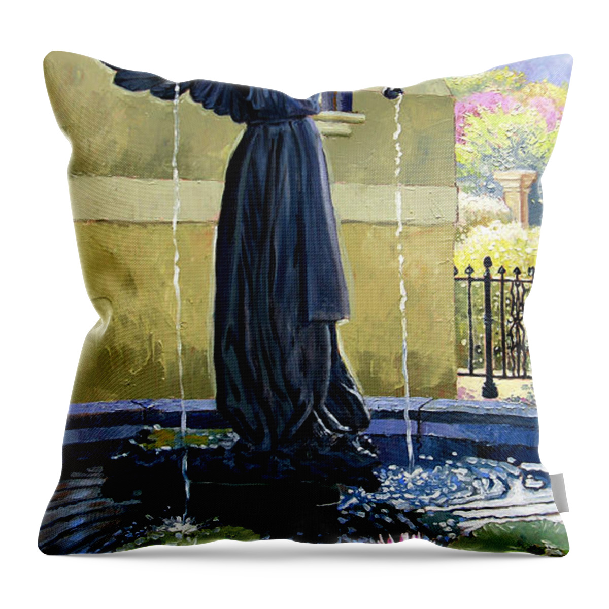 Garden Fountain Throw Pillow featuring the painting Living Waters by John Lautermilch