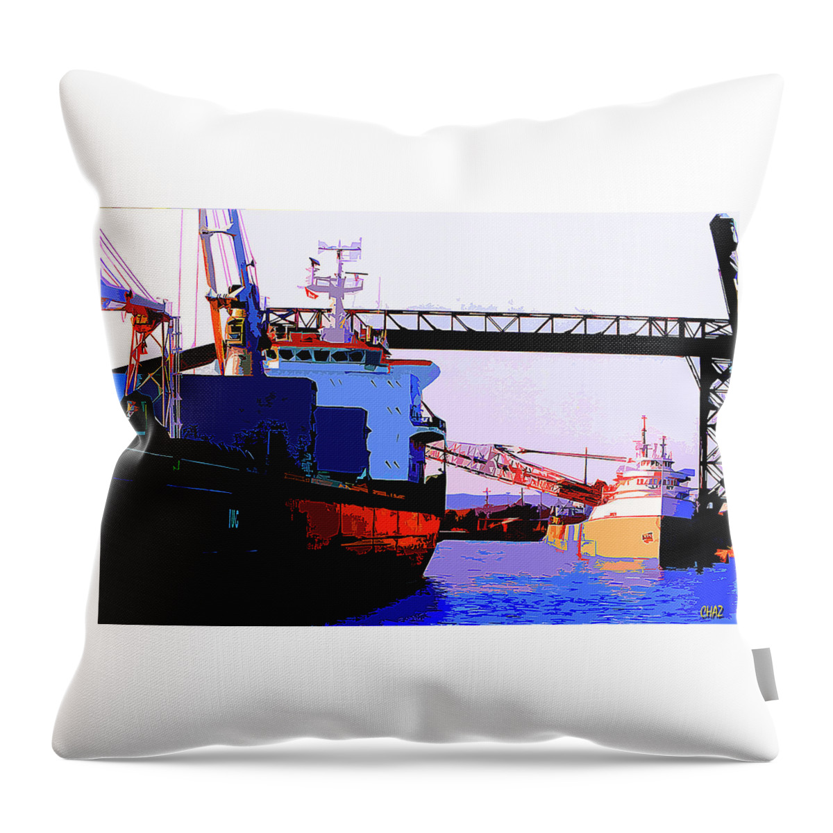 Boats Throw Pillow featuring the painting Loading The Iron Ore on the Great Lakes Freighters by CHAZ Daugherty
