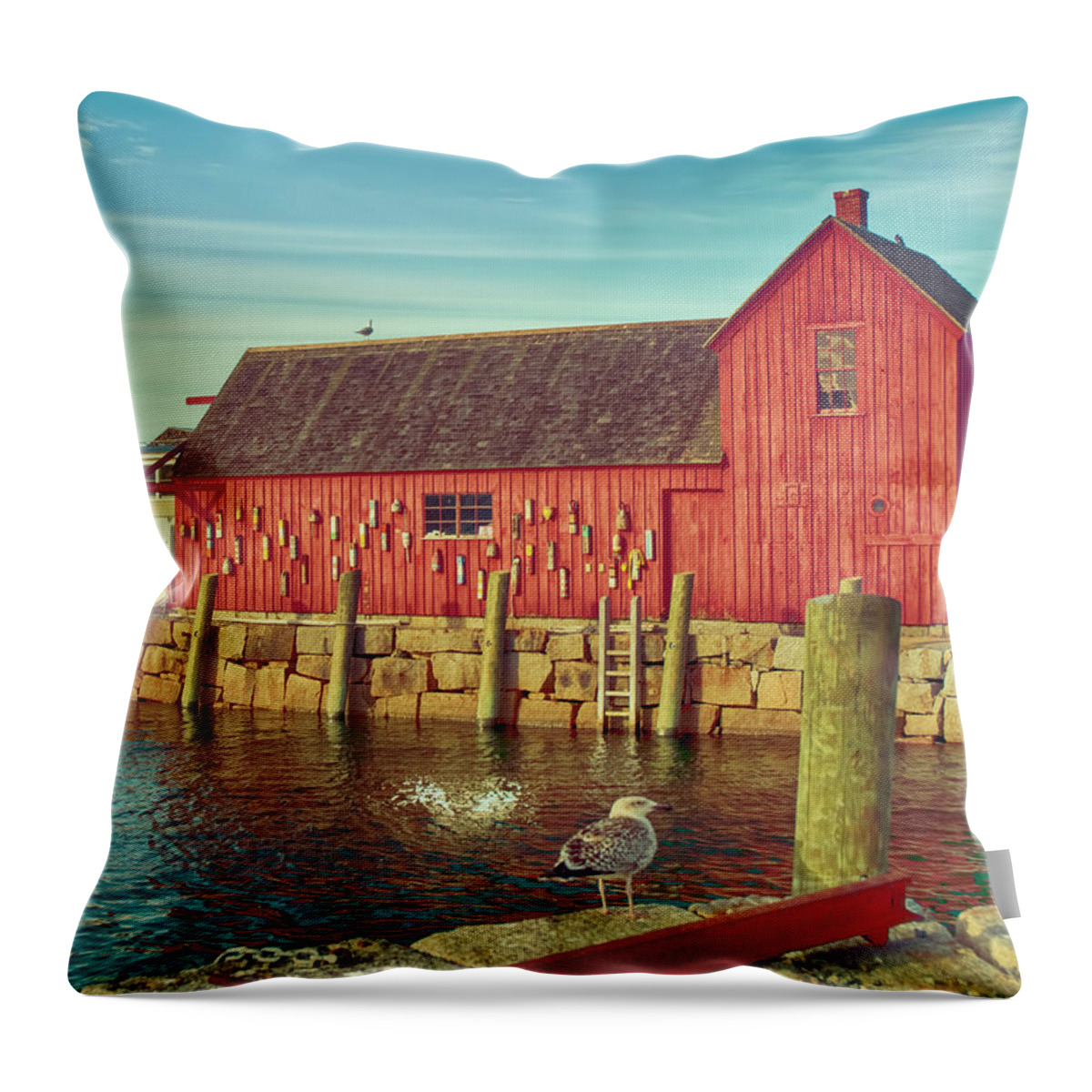 Lobster Shack; Shack; Harbor; Rockport; Massachusetts; Rockport Harbor; Seagull Throw Pillow featuring the photograph Lobster Shack by Mick Burkey