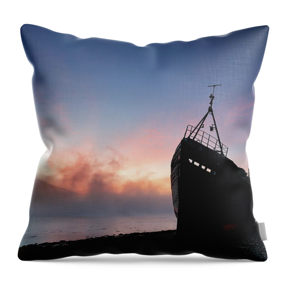 Sunset Throw Pillow featuring the photograph Loch Linnhe Misty Shipwreck by Grant Glendinning