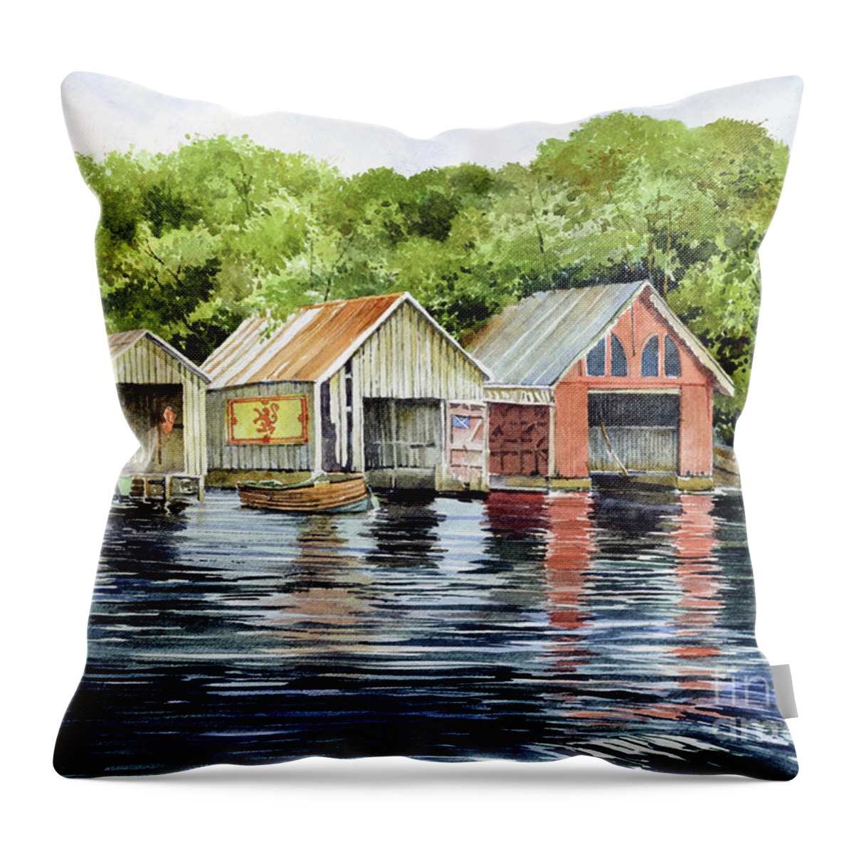Scotland Throw Pillow featuring the painting Lochness Boathouses by William Band
