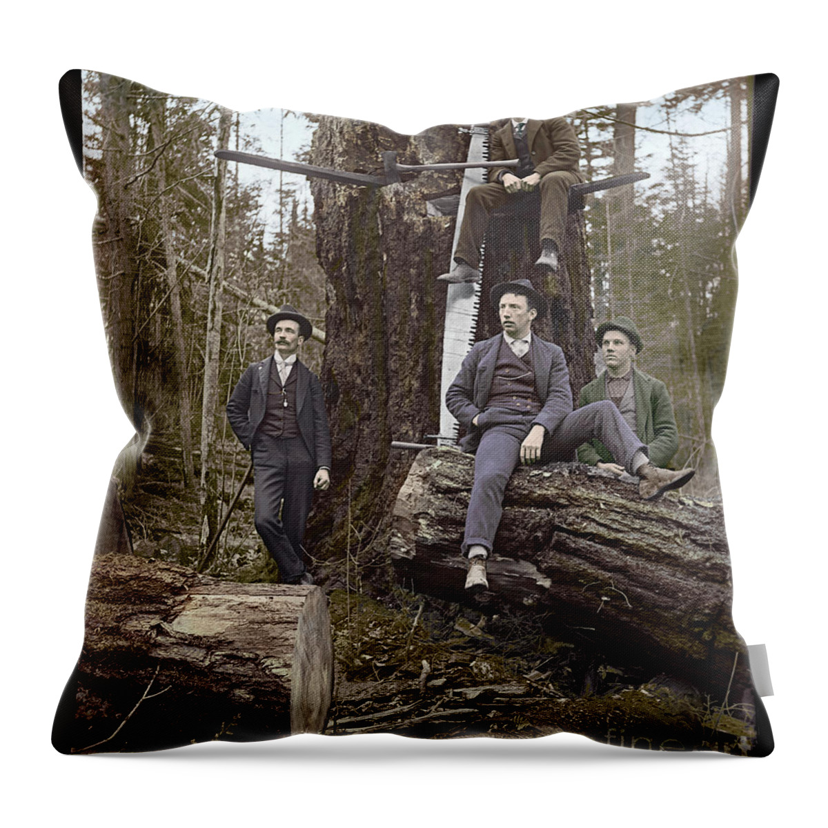 Washington Throw Pillow featuring the photograph Loggers Sunday Best 1911 by Martin Konopacki Restoration