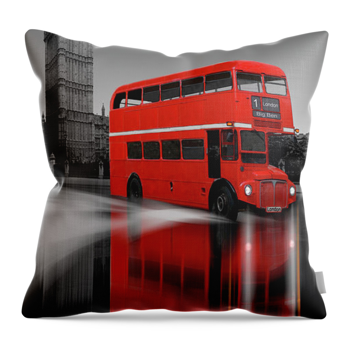 Red Bus Throw Pillow featuring the digital art London Red Bus Big Ben Reflection by Joe Tamassy