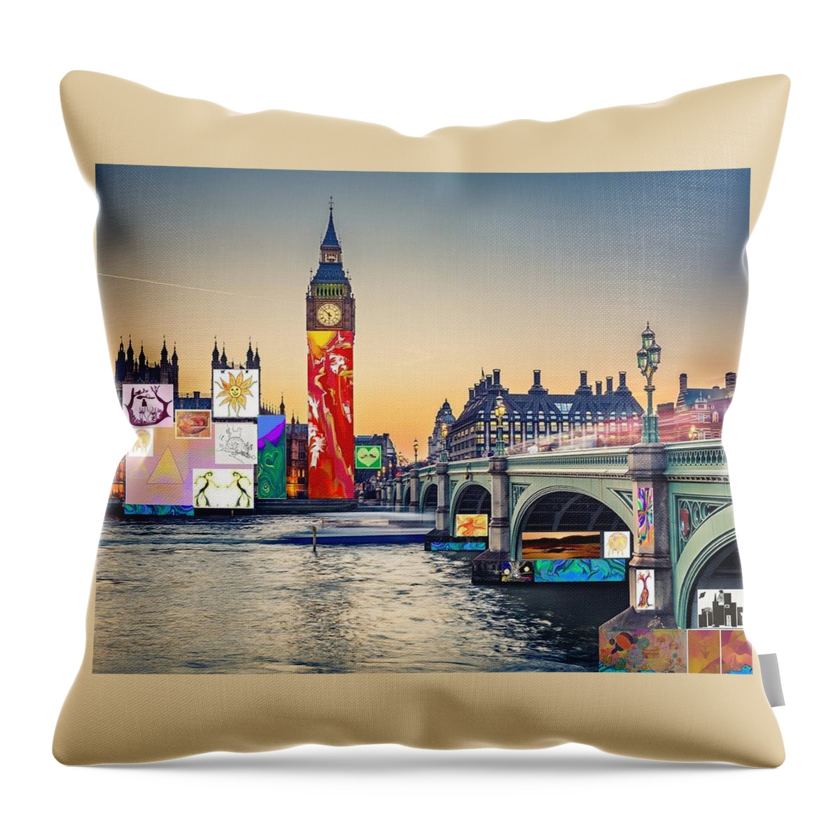 London Throw Pillow featuring the digital art London Skyline Collage 3 inc Big Ben, Westminster by Julia Woodman