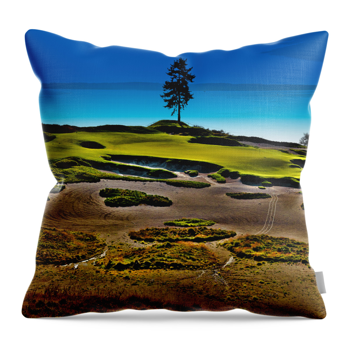 Hole #15 At Chambers Bay Throw Pillow featuring the photograph Lone Fir - Hole #15 at Chambers Bay by David Patterson