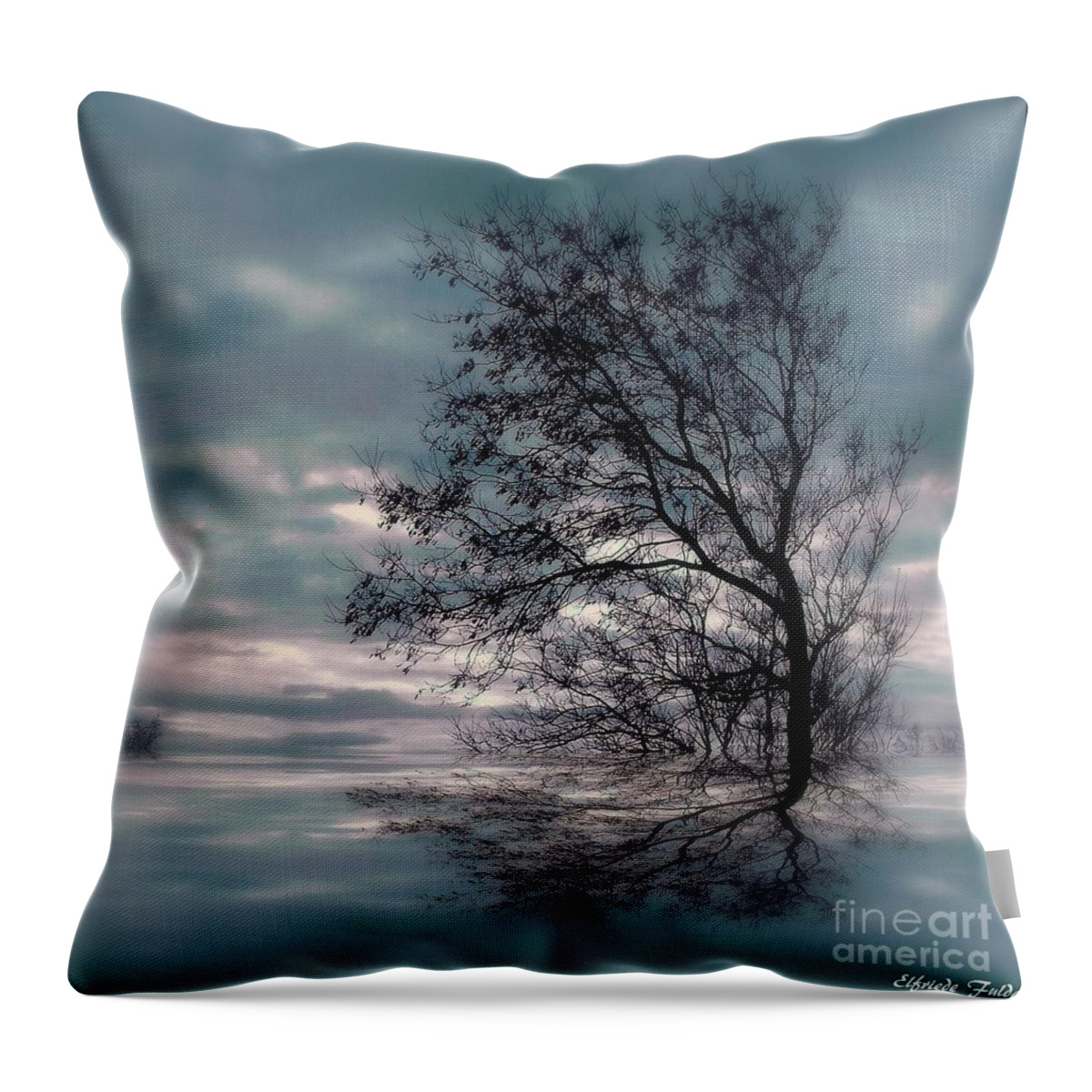 Lone Tree Reflection Sky Turquoise Blue Lake Bush Throw Pillow featuring the mixed media Lone Tree by Elfriede Fulda