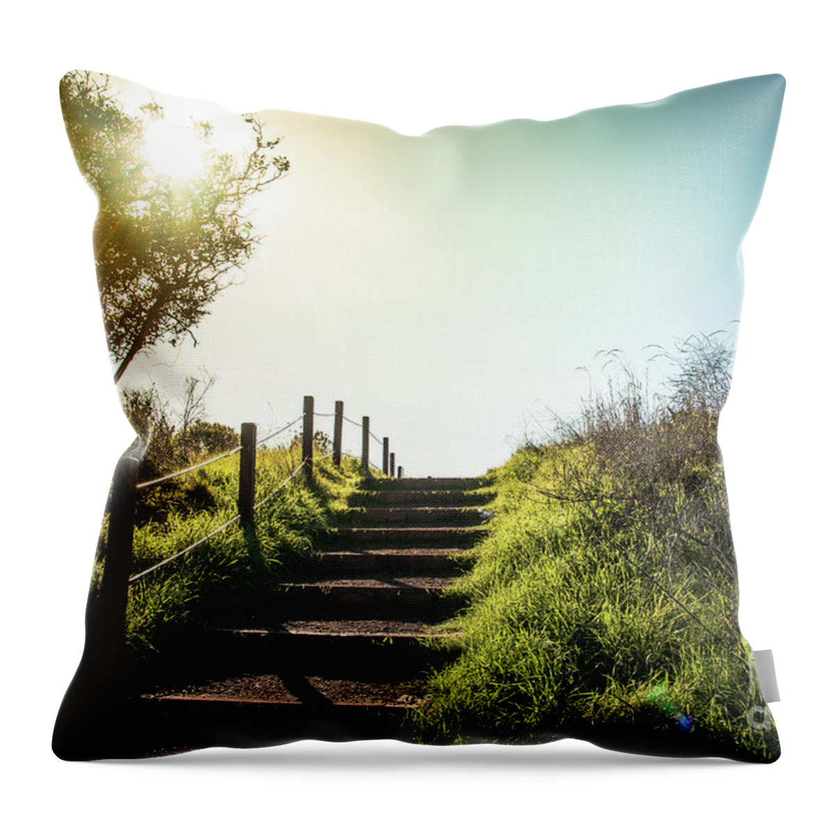 Autumn Throw Pillow featuring the photograph Lonely footpath leading up the stairs in the sunset by Amanda Mohler
