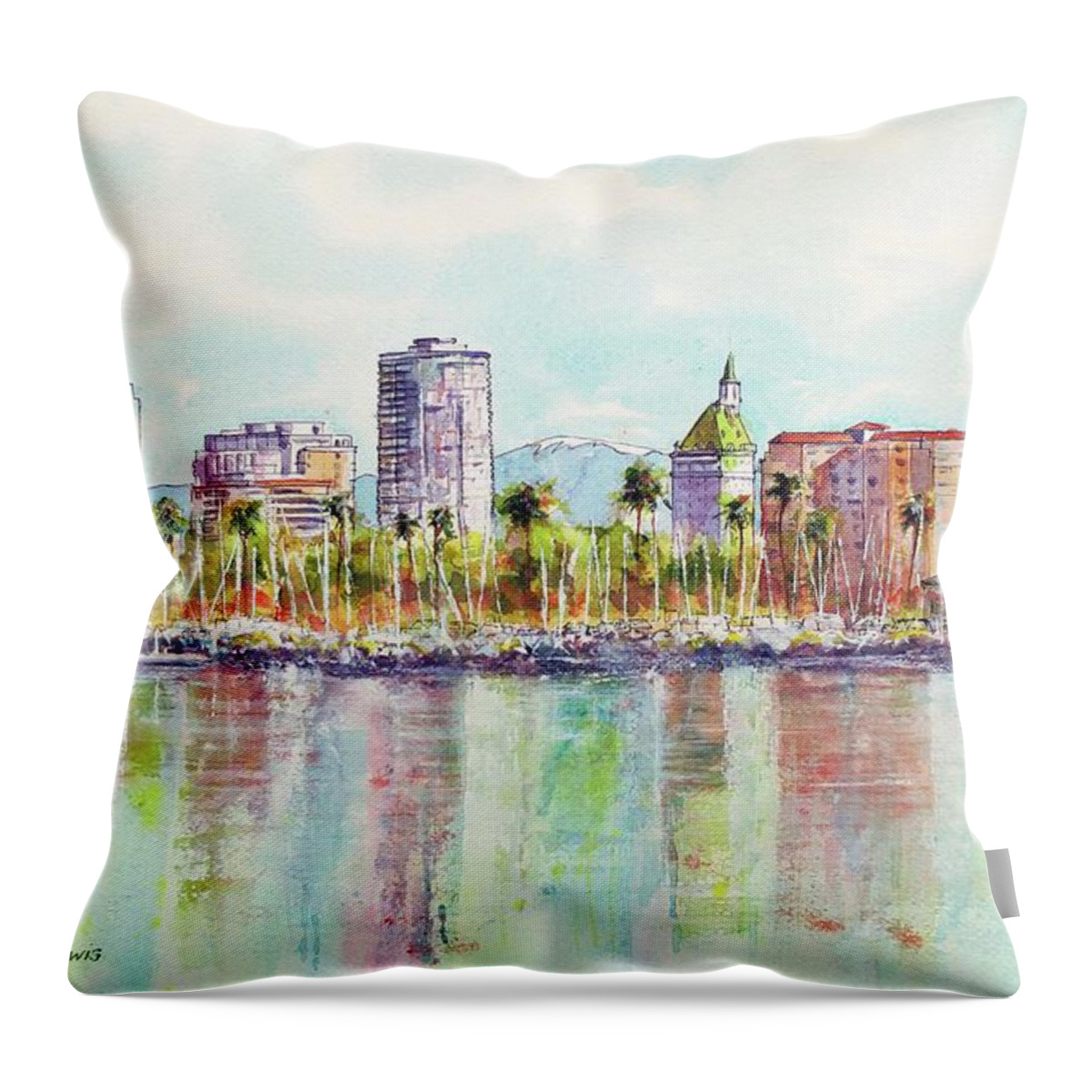 Long Beach Throw Pillow featuring the painting Long Beach Coastline Reflections by Debbie Lewis