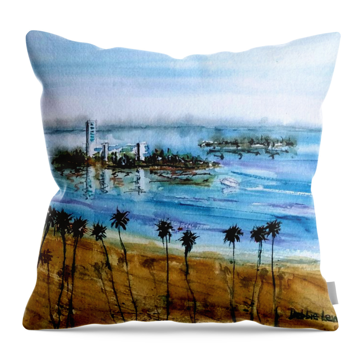 Watercolor Landscape Throw Pillow featuring the painting Long Beach Oil Islands Before Sunset by Debbie Lewis
