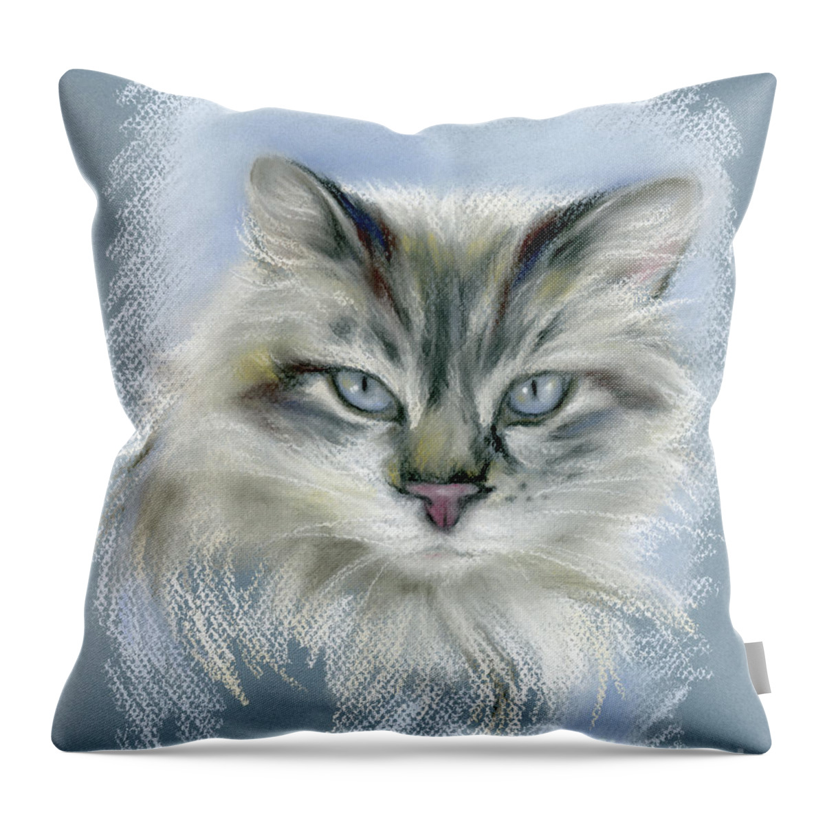 Cat Throw Pillow featuring the pastel Longhaired Cat with Blue Eyes by MM Anderson