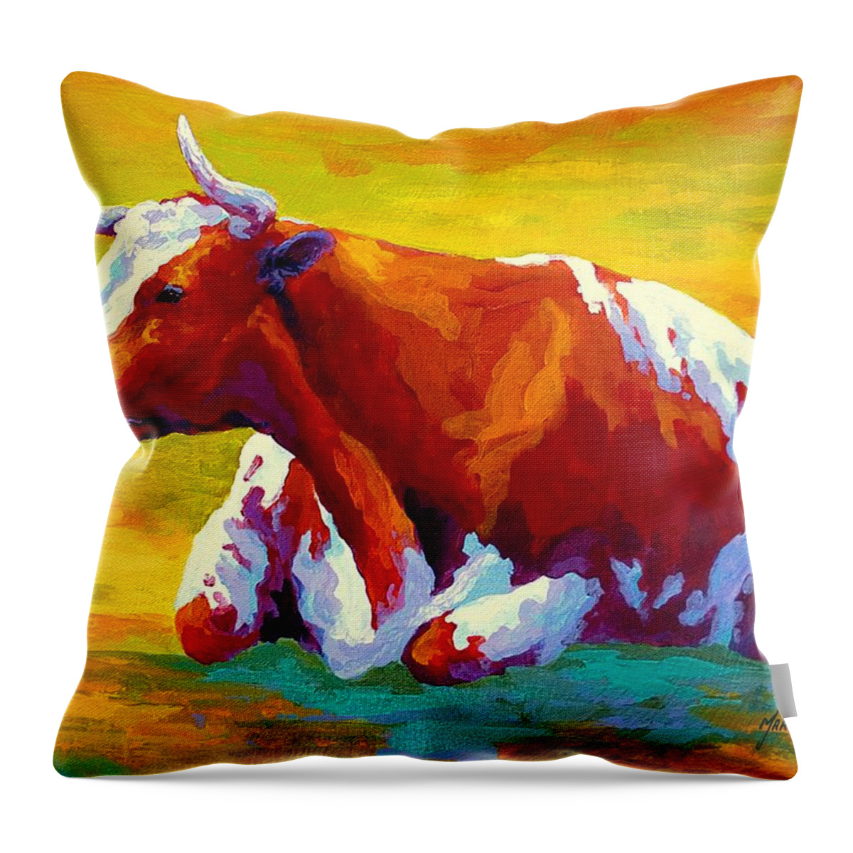 Western Throw Pillow featuring the painting Longhorn Cow by Marion Rose