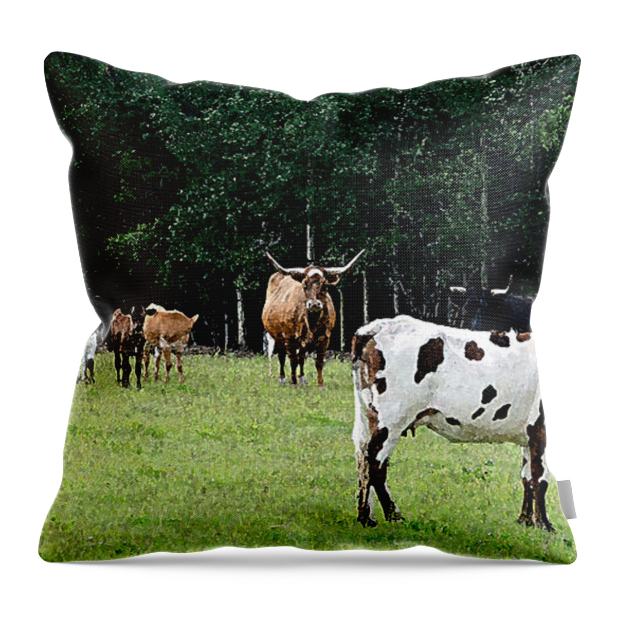 Agriculture Throw Pillow featuring the photograph Longhorn cows and calves in the pasture by Debra Baldwin