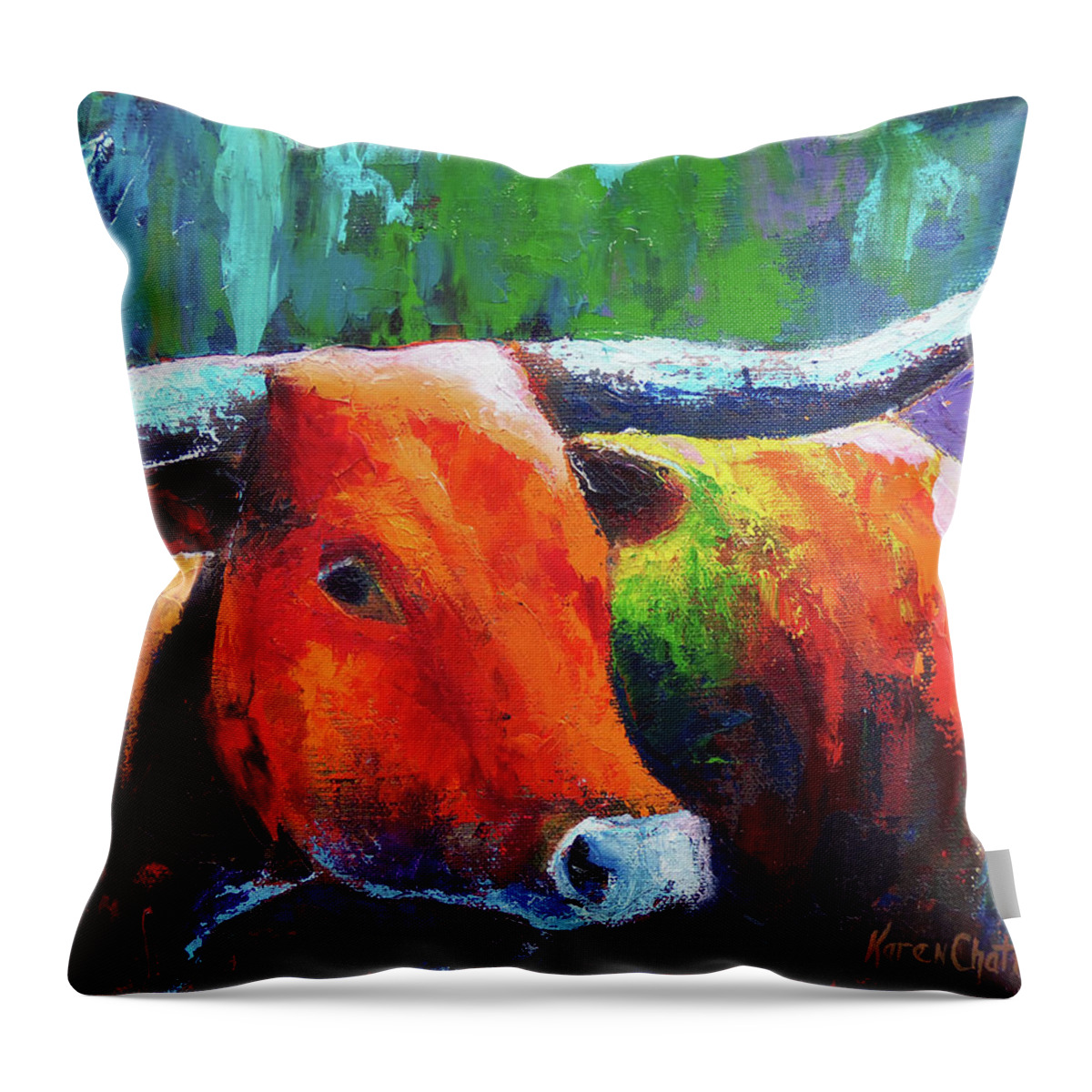 Contemporary Longhorn Art Throw Pillow featuring the painting Longhorn Jewel by Karen Kennedy Chatham