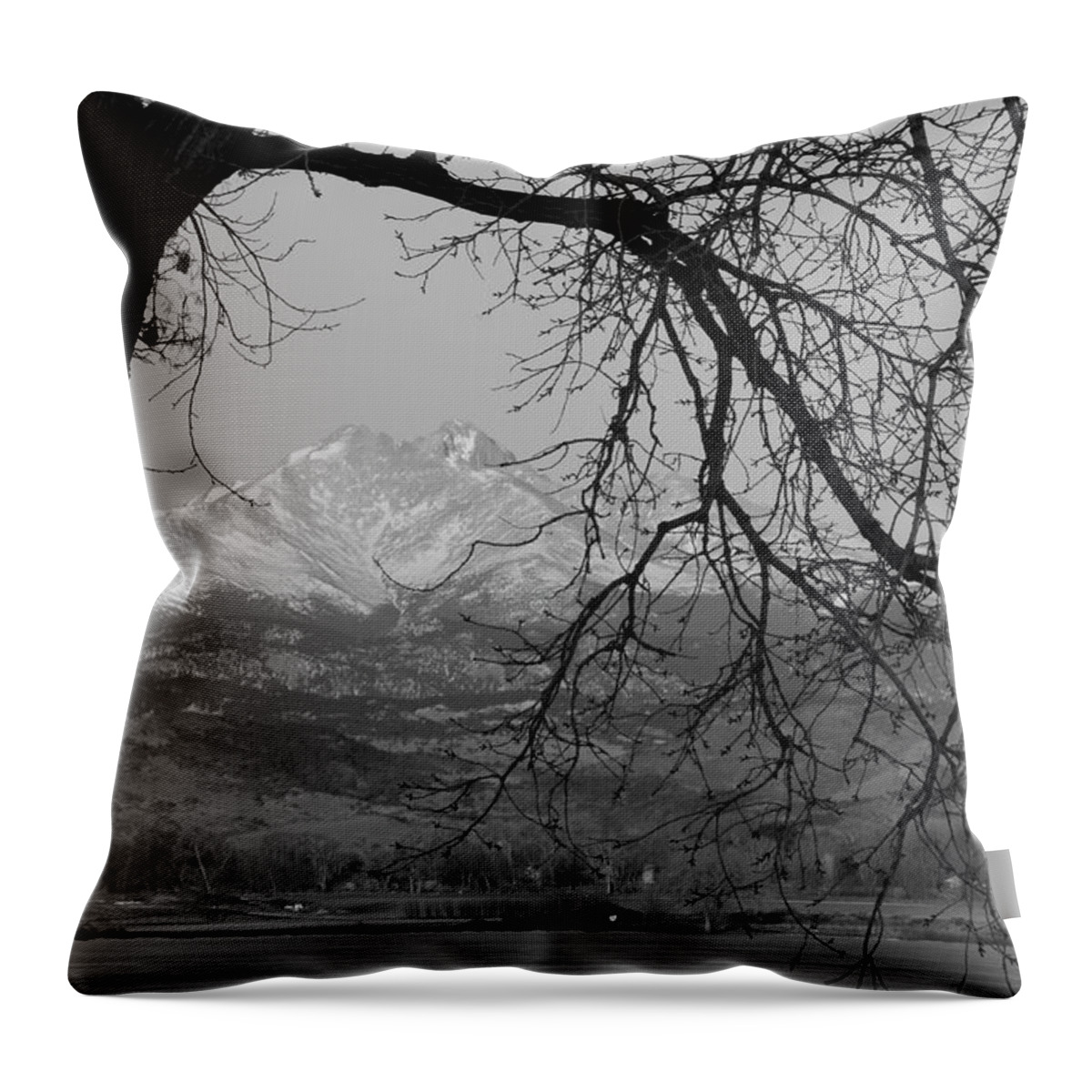 Longs Peak Throw Pillow featuring the photograph Longs Peak and Mt. Meeker the Twin Peaks Black and White Photo I by James BO Insogna