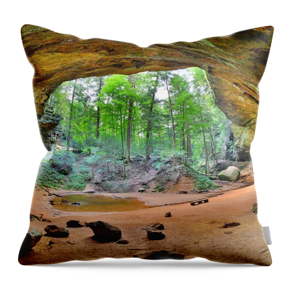 Looking Out Of Ash Cave Hocking Hills Ohio Throw Pillow featuring the photograph Looking Out Of Ash Cave Hocking Hills Ohio by Lisa Wooten