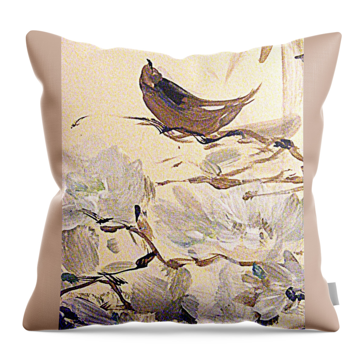 Abstract Bird And Flowers In Gouache Throw Pillow featuring the painting Looking So Pretty by Nancy Kane Chapman