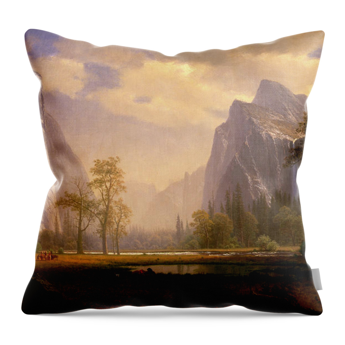 Looking Throw Pillow featuring the painting Looking Up the Yosemite Valley by Albert Bierstadt