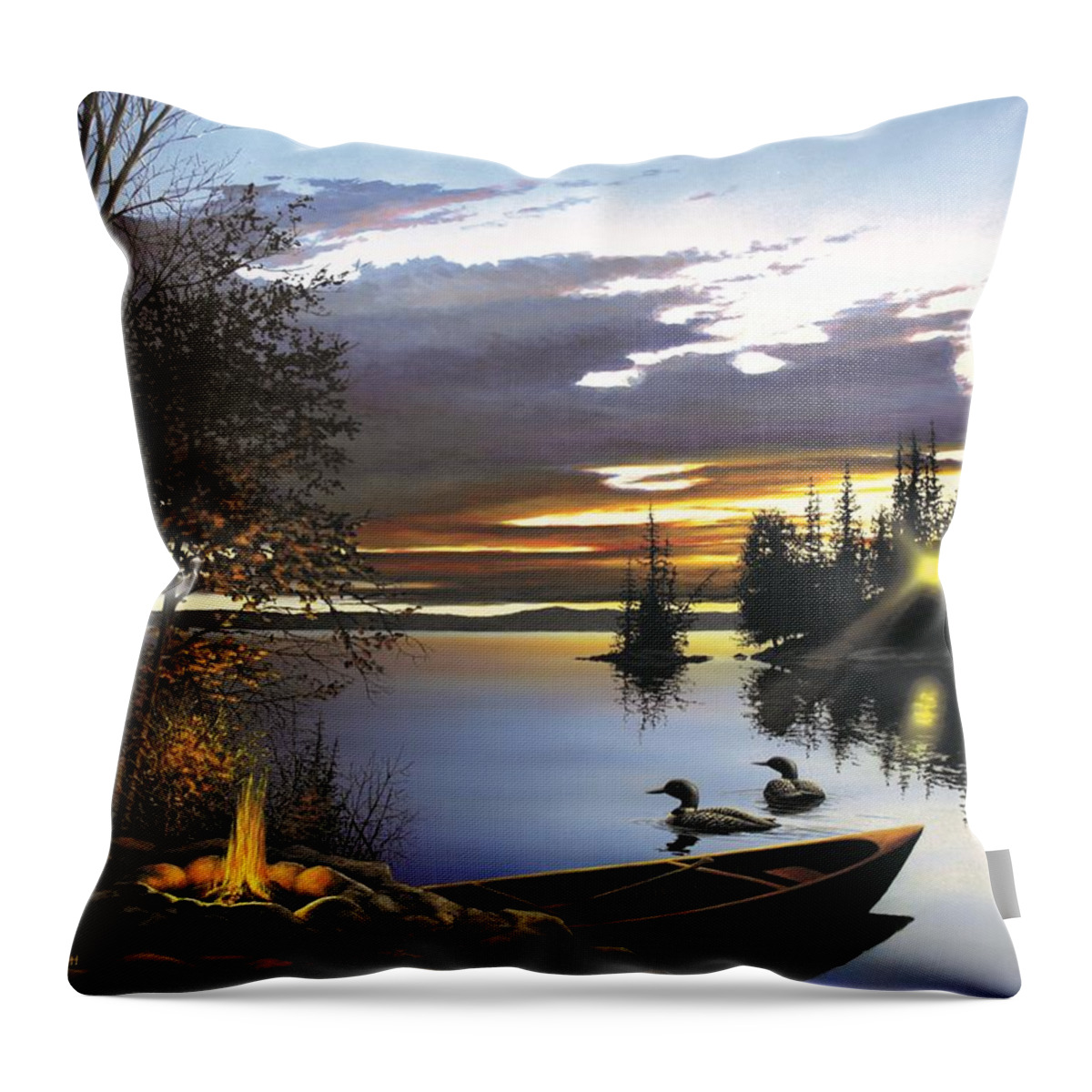 Loon Throw Pillow featuring the painting Loon Lake by Anthony J Padgett