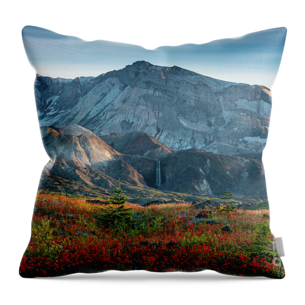 Mount St Helens Throw Pillow featuring the photograph Loowit Falls Mount St Helens Wildflowers by Mike Reid