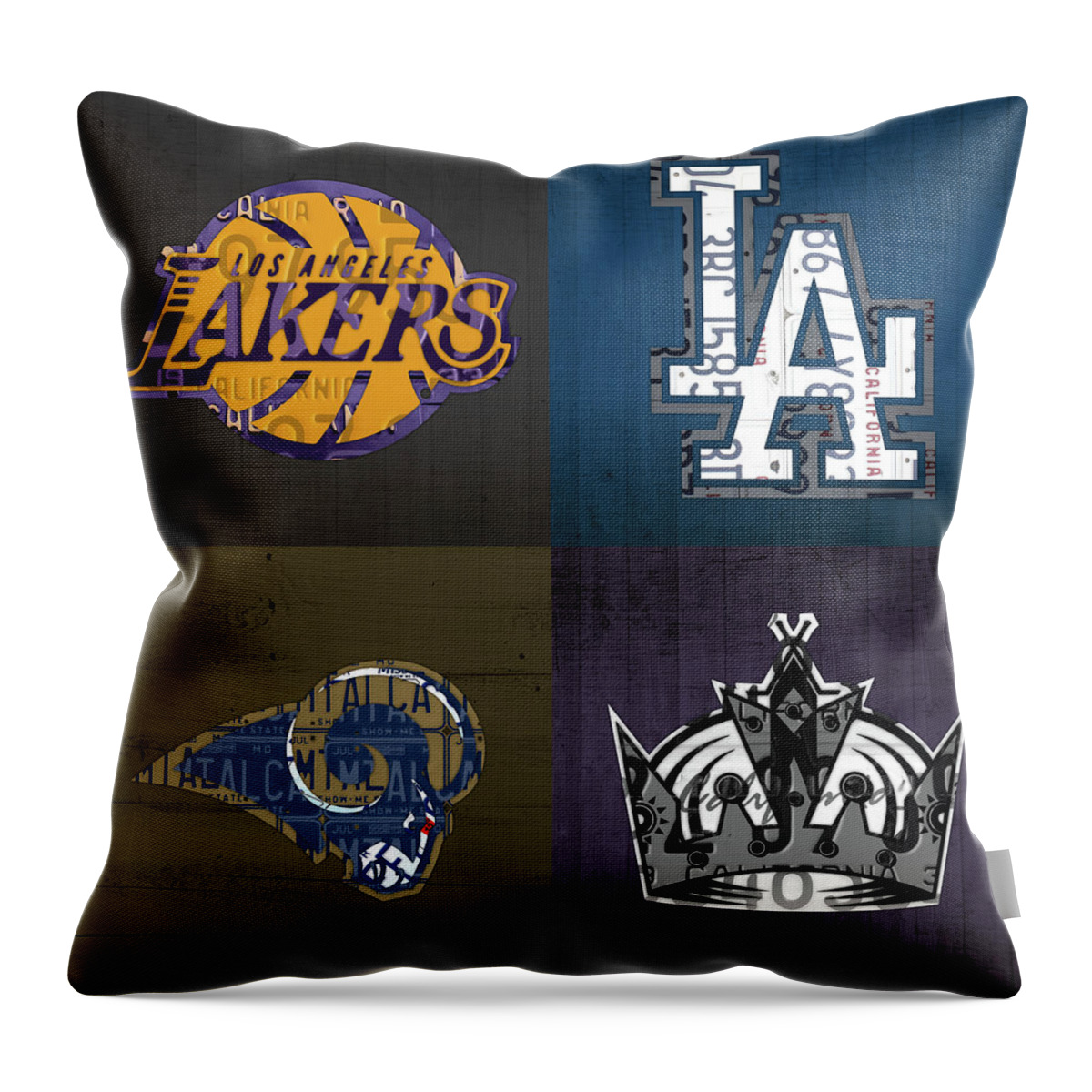 Los Angeles Throw Pillow featuring the mixed media Los Angeles License Plate Art Sports Design Lakers Dodgers Rams Kings by Design Turnpike