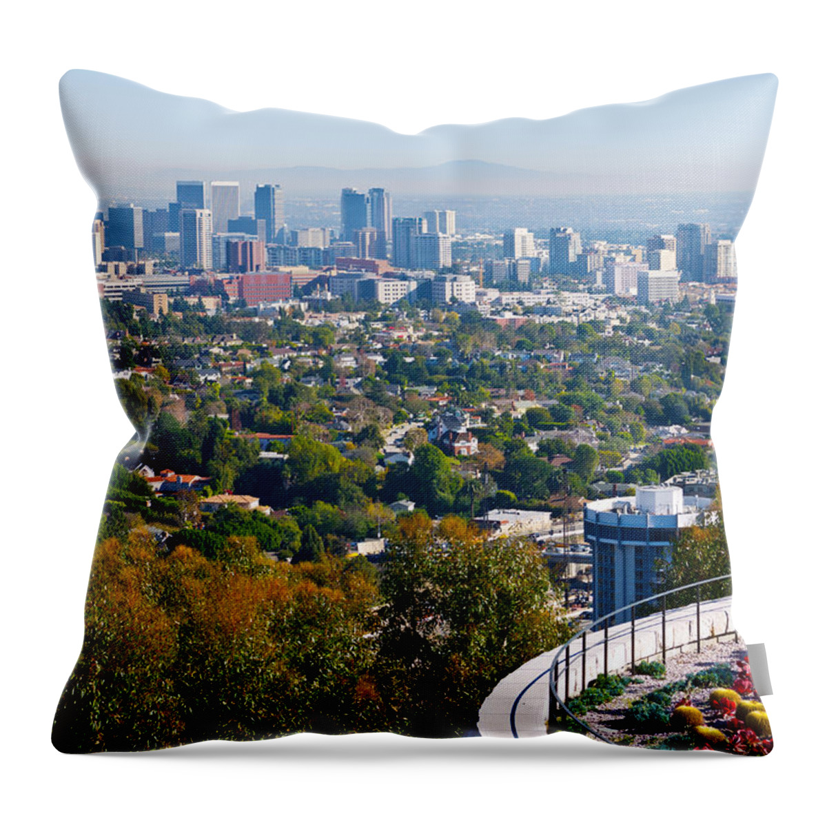 Los Angeles Throw Pillow featuring the photograph Los Angeles Skyline from the Getty Museum by Melinda Fawver