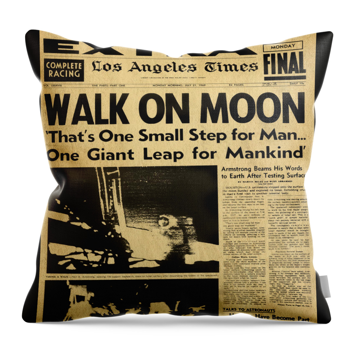 Los Angeles Throw Pillow featuring the digital art Los Angeles Times Moon Walk Newspaper by Alicia Hollinger