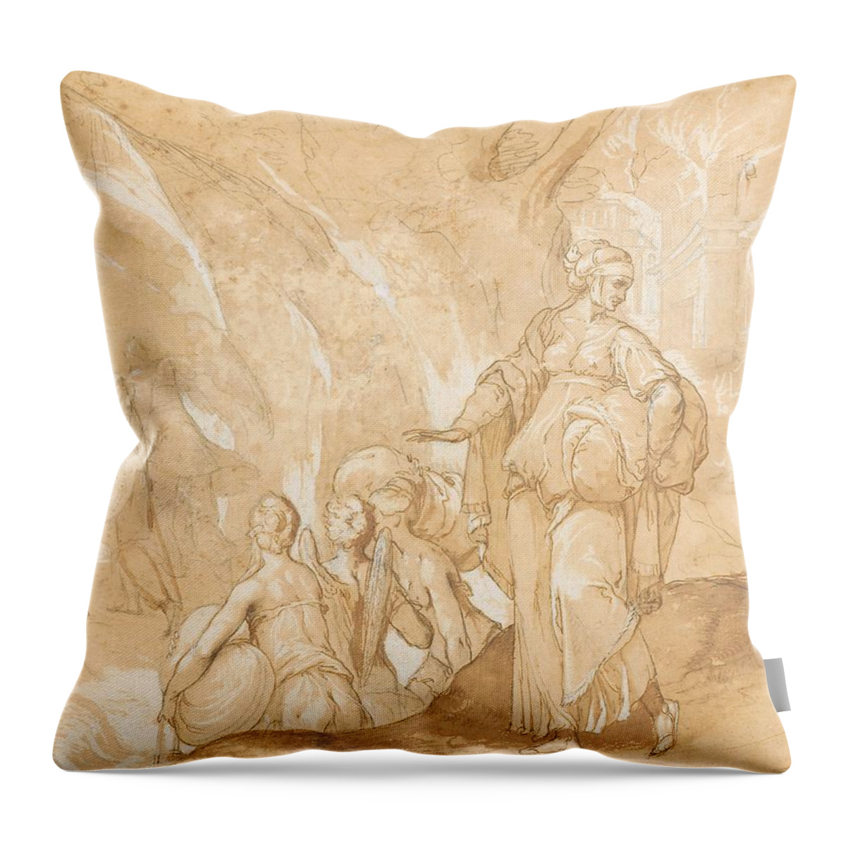 Lot Throw Pillow featuring the drawing Lot's wife looking back at the destruction of Sodom and Gomorrah by Toussaint Dubreuil