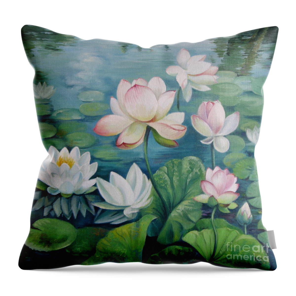 Lotus Throw Pillow featuring the painting Lotus flowers by Elena Oleniuc