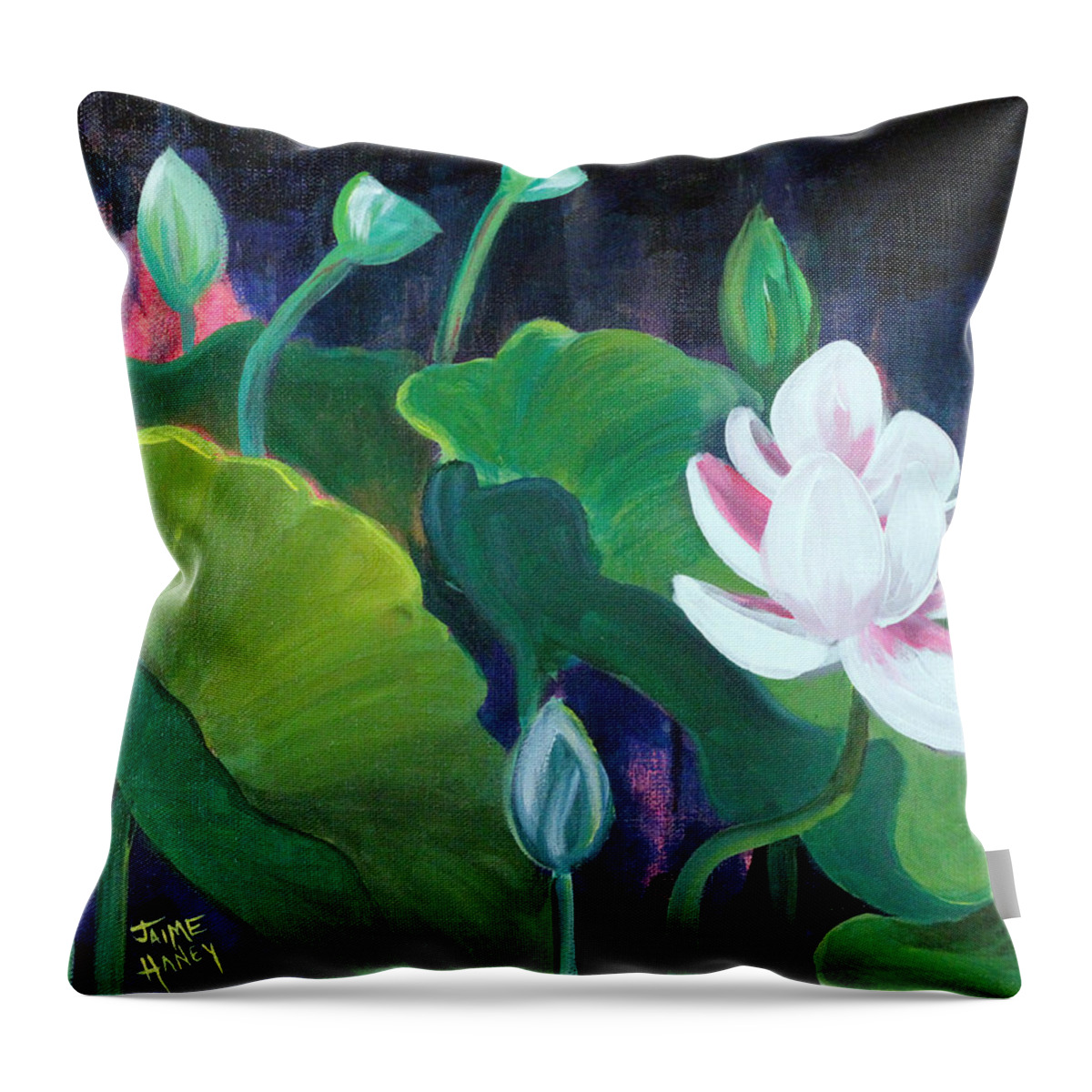 Lotus Garden Throw Pillow featuring the painting Lotus Garden 1 by Jaime Haney