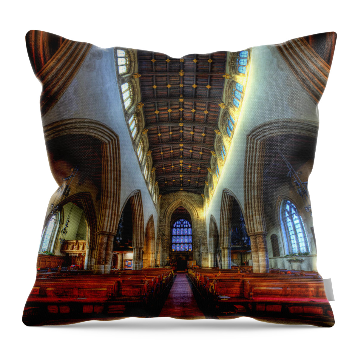 Yhun Suarez Throw Pillow featuring the photograph Loughborough Church - Nave Vertorama by Yhun Suarez