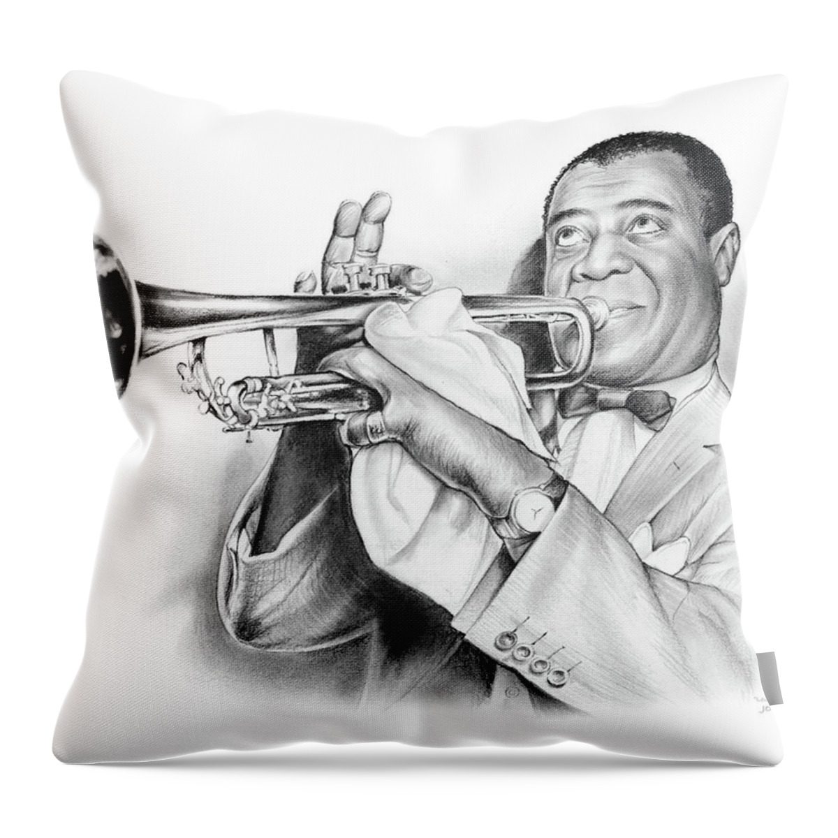 Louis Armstrong Throw Pillow featuring the drawing Louis Armstrong by Greg Joens