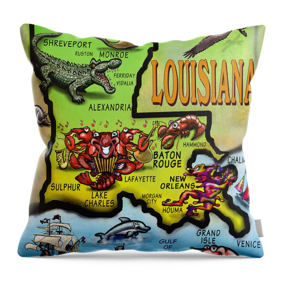 Louisiana Throw Pillow featuring the digital art Louisiana Cartoon Map by Kevin Middleton