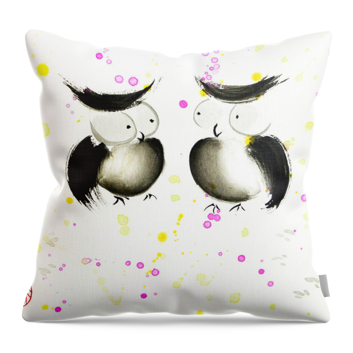 Whimsical Owls Throw Pillow featuring the painting Love At First Sight by Oiyee At Oystudio