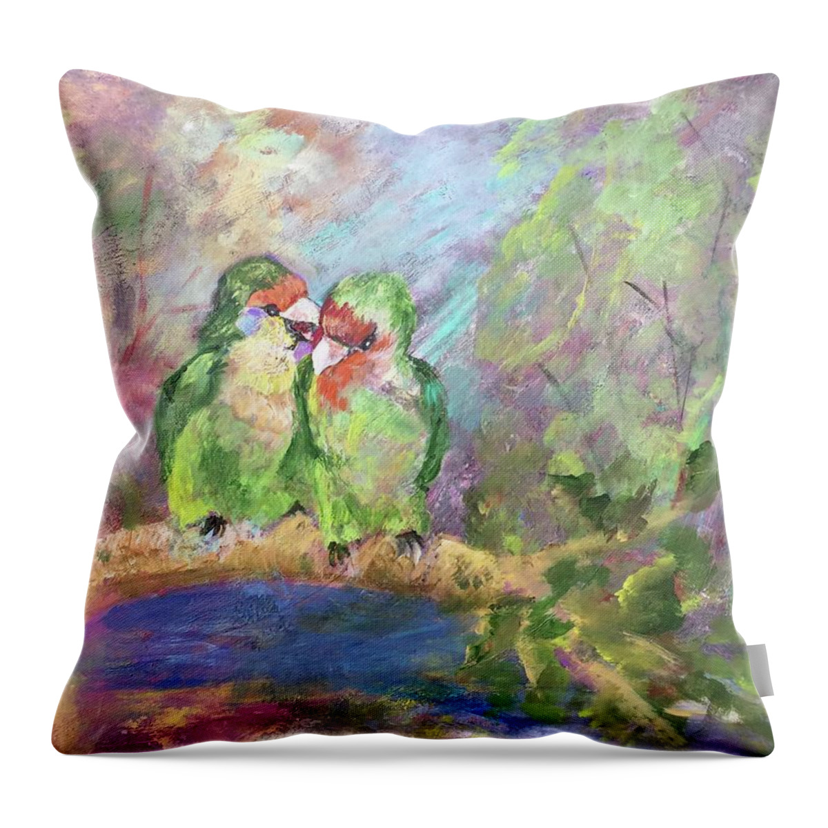 Two Little Lovebirds In A Forest. Throw Pillow featuring the painting Love Birds by Charme Curtin