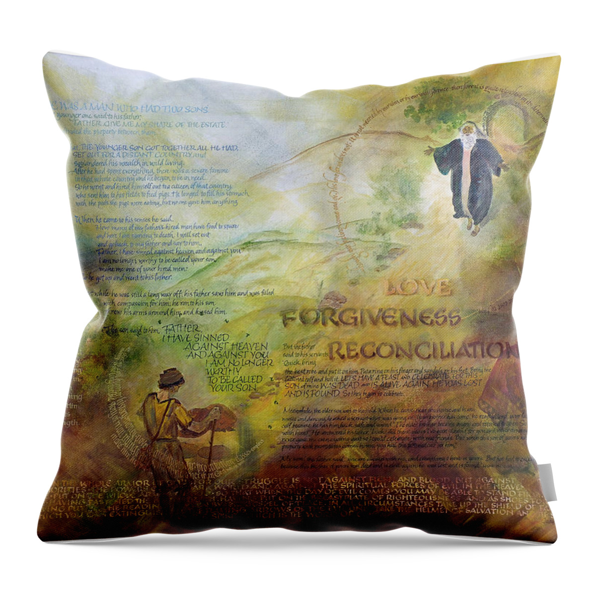 Ephesians 6 Throw Pillow featuring the painting Love Forgiveness Reconciliation by Judy Dodds