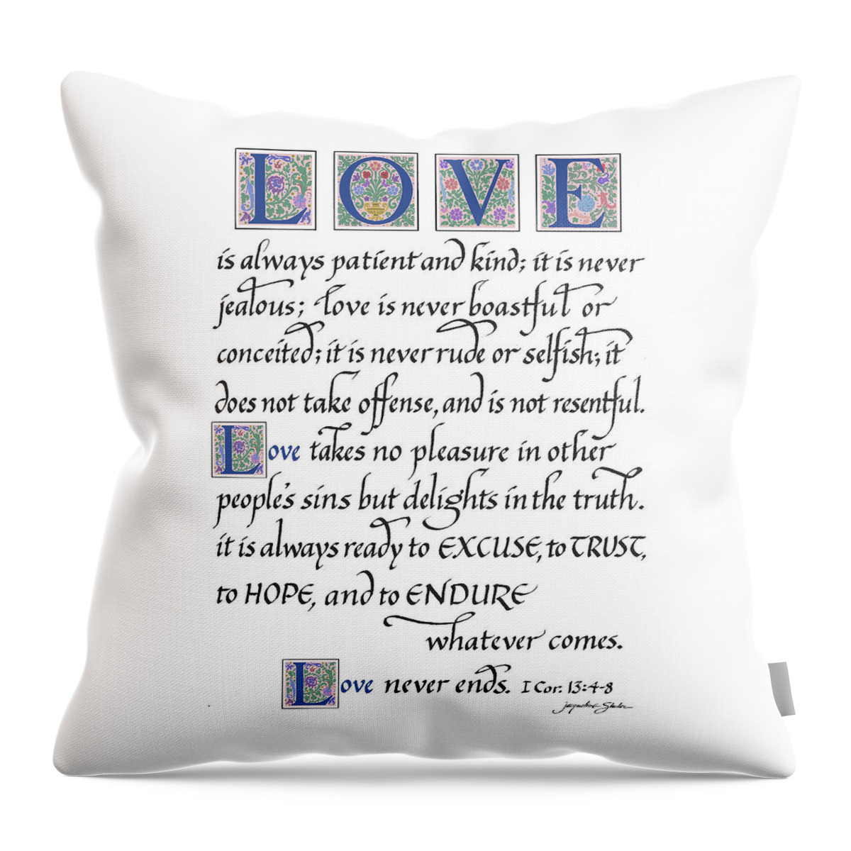 Corinthians Throw Pillow featuring the drawing Love is Always Patient by Jacqueline Shuler