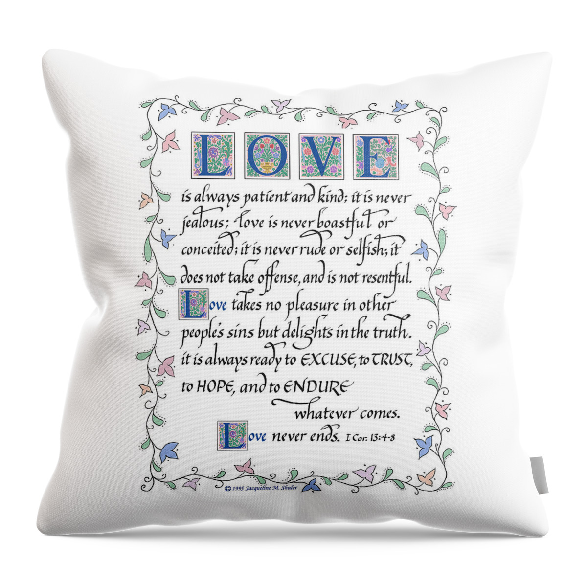 Love Is Patient Throw Pillow featuring the drawing Love is Always Patient-with border by Jacqueline Shuler