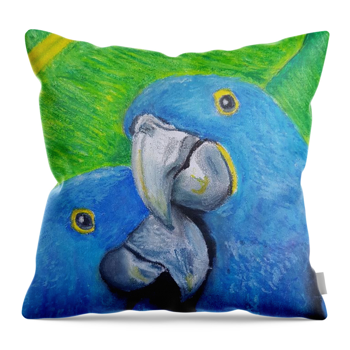 Birds Throw Pillow featuring the pastel Hyacinth Macaw by Cassy Allsworth
