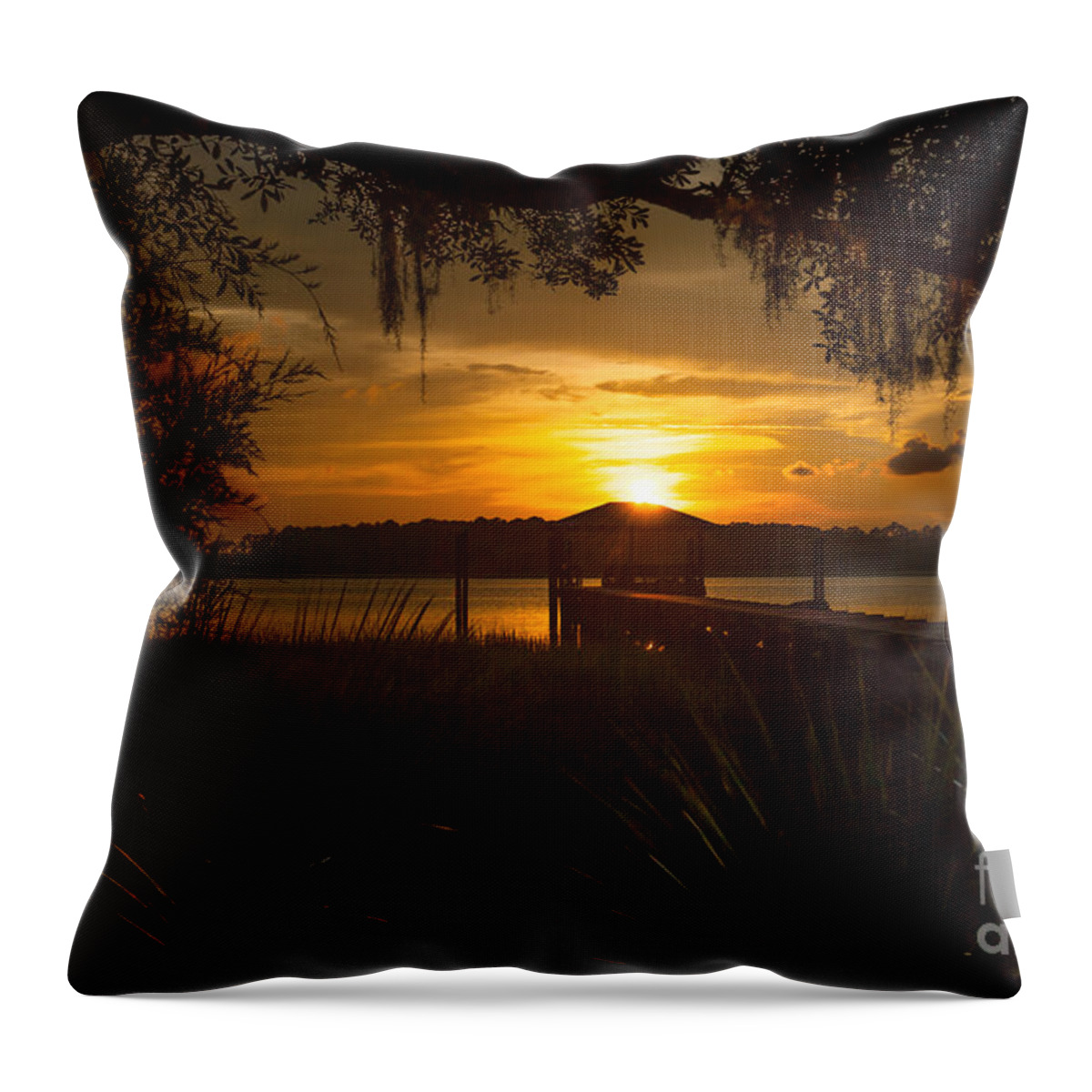 Sunset Throw Pillow featuring the photograph Lowcountry Sunset - Wando River - Live Oak Tree Sunset by Dale Powell