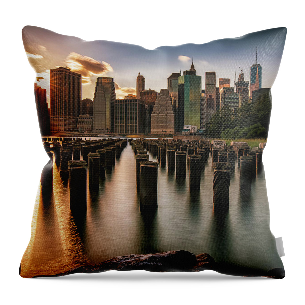 New York City Throw Pillow featuring the photograph Lower Manhattan Sunset Twinkle by Alissa Beth Photography
