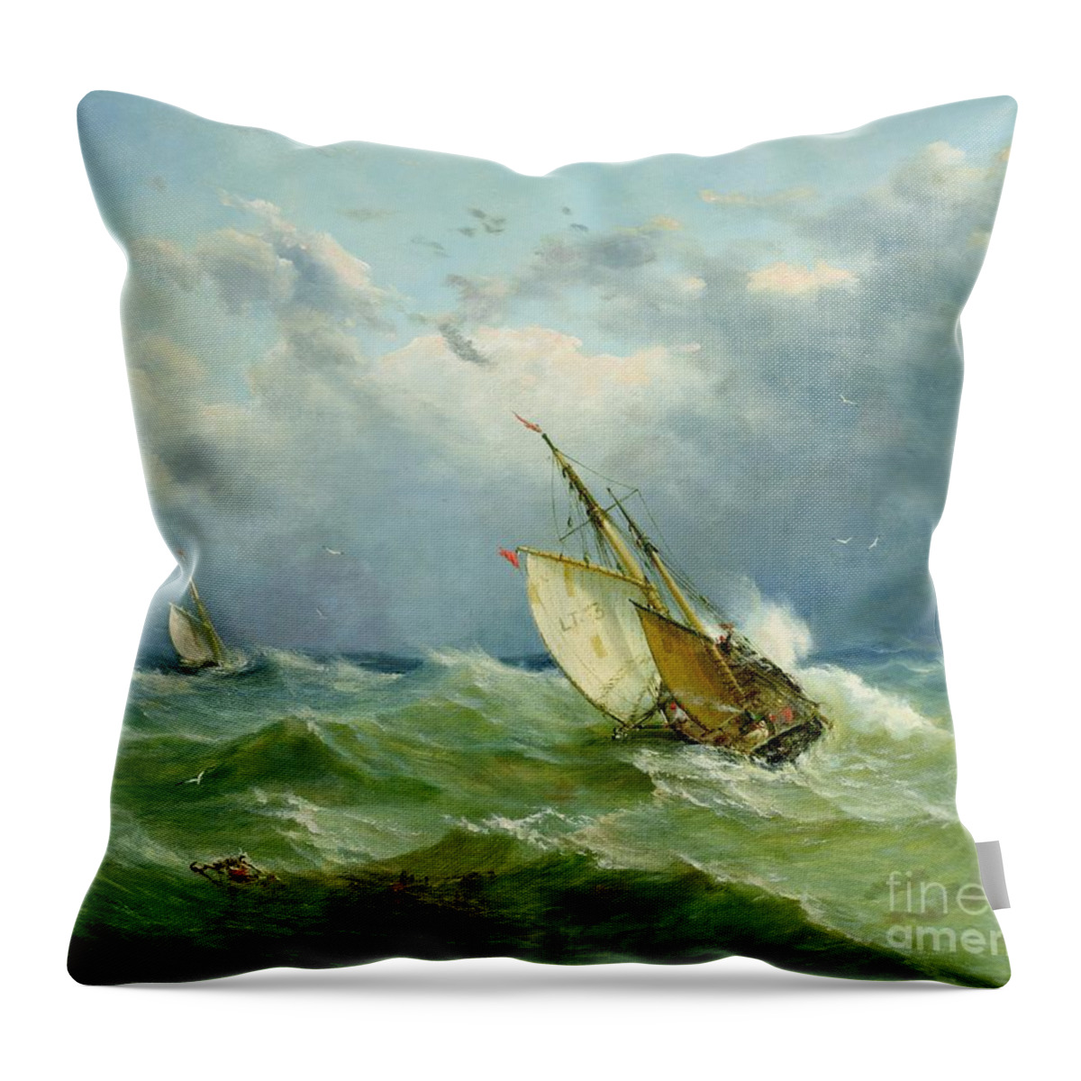 Lowestoft Throw Pillow featuring the painting Lowestoft Trawler in Rough Weather by John Moore