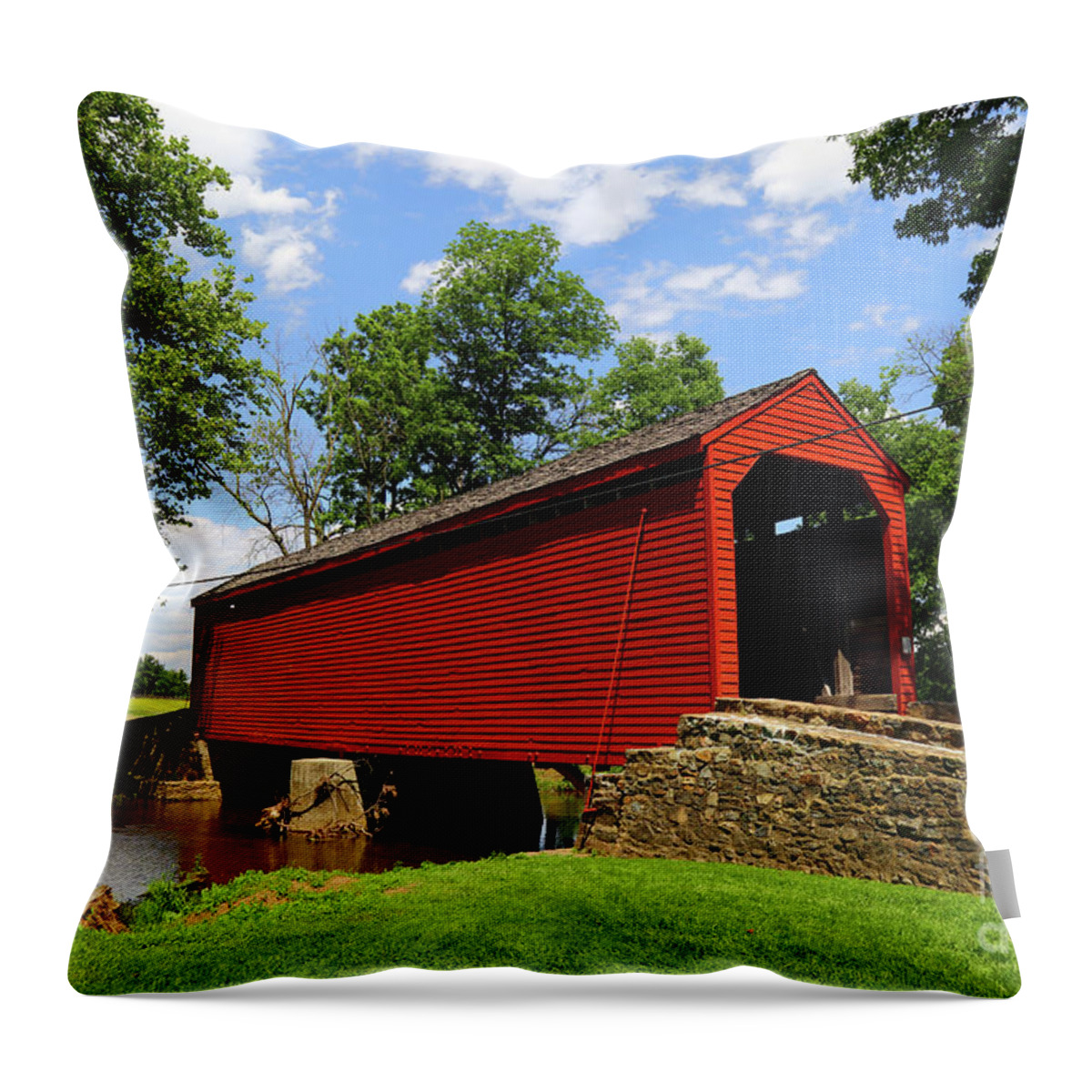Covered Bridge Throw Pillow featuring the photograph Loys Station Covered Bridge Frederick County Maryland by James Brunker